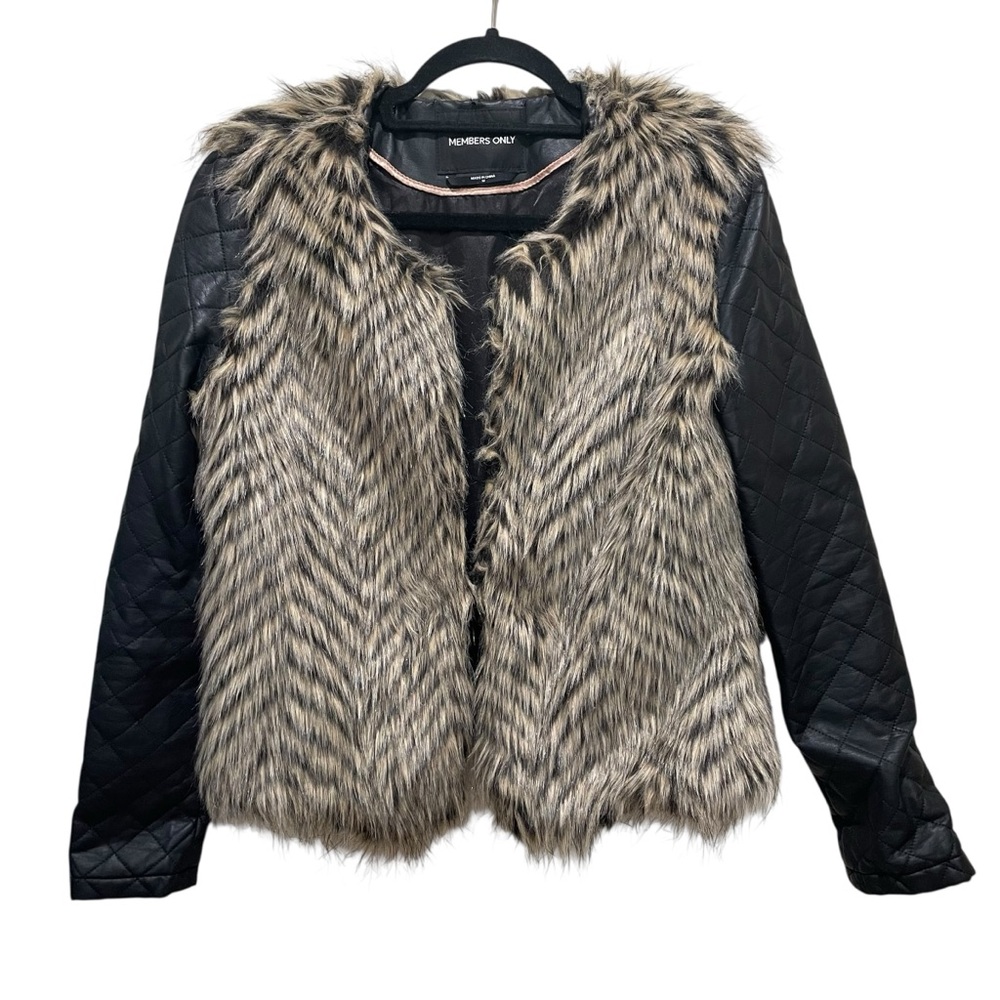 Members Only Faux Fur And Quilted Faux Leather Jacket Black/Brown Womens Medium